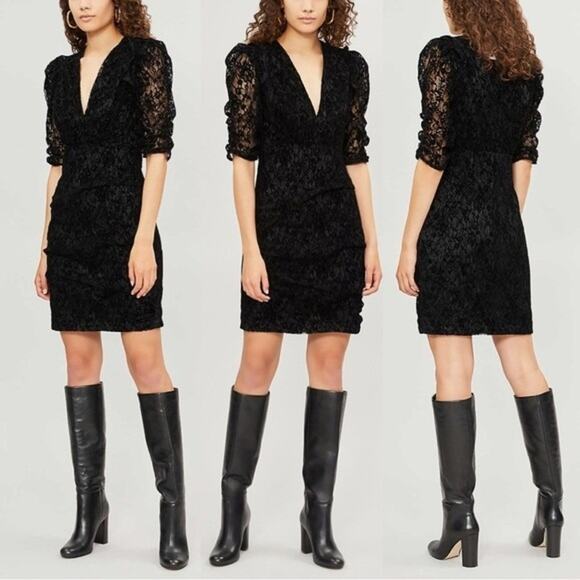 Maje | Rimael Black Velvet Flocked Lace Puff Sleeve Mini Dress Size 1 US S - Picture 11 of 11